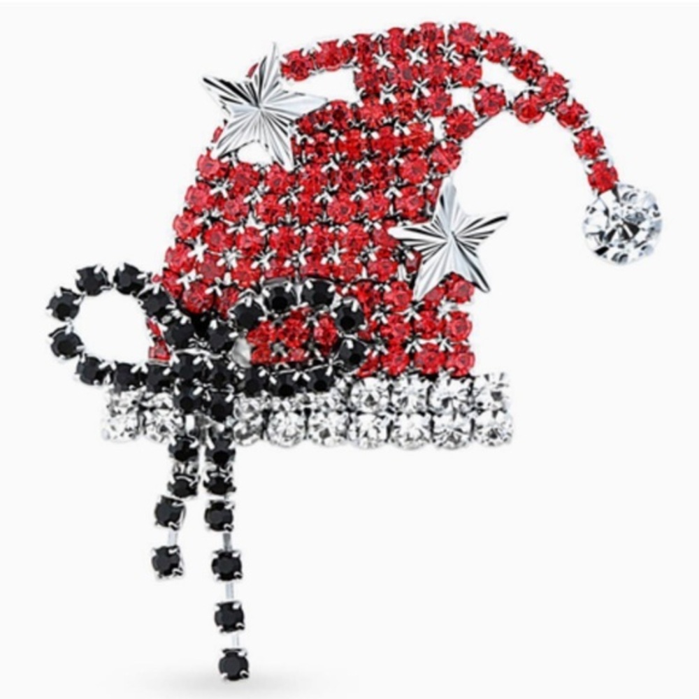 Rhinestone Santa hat brooch pin with black bow and silver-tone stars